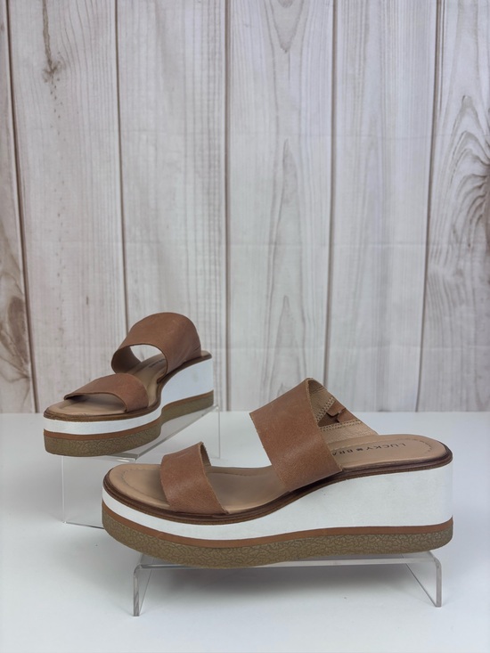 Lucky Brand Shoes - Lucky Brand Leather Platform Slide Sandals Double Strap Wedge Shoes Brown Size 7